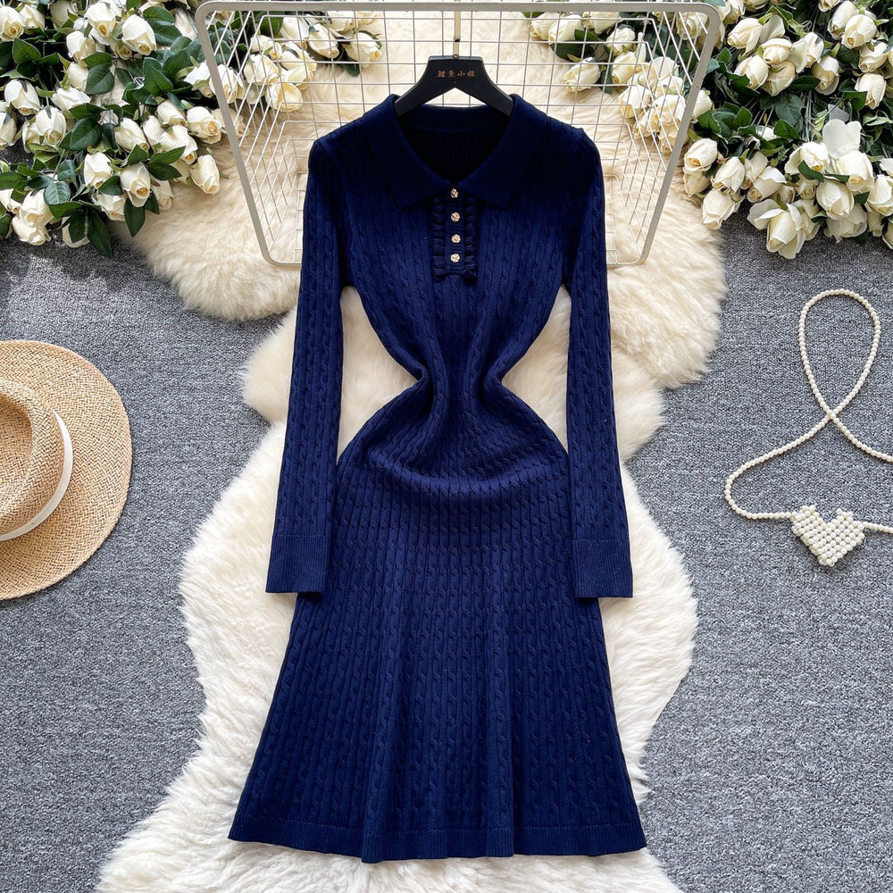 Inner wear sweater skirt with coat autumretro lapel waist slimming lookelegantlong sleevesknittingdress
