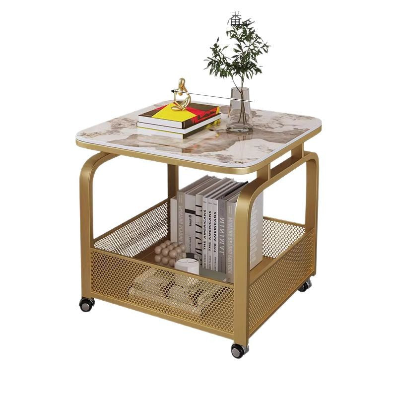 Modern minimalist mobile square rock slab coffee table - small apartment mobile cart side table coffee table square table