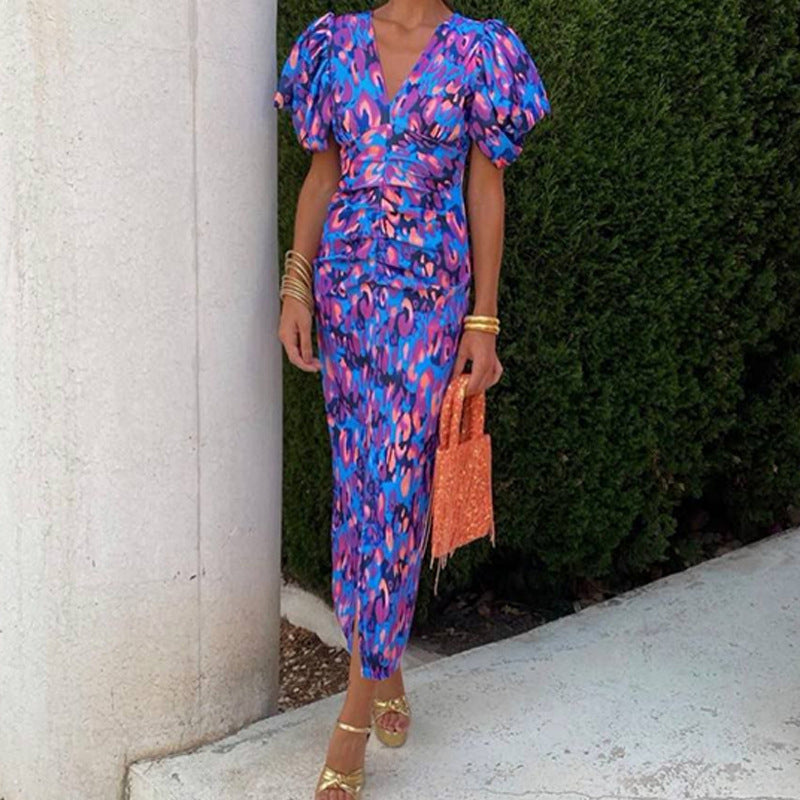 cross-border e-commerce european and american women's clothing: new summer collection - floral print v-neck short sleeve ruched bodycon dress