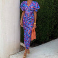 cross-border e-commerce european and american women's clothing: new summer collection - floral print v-neck short sleeve ruched bodycon dress