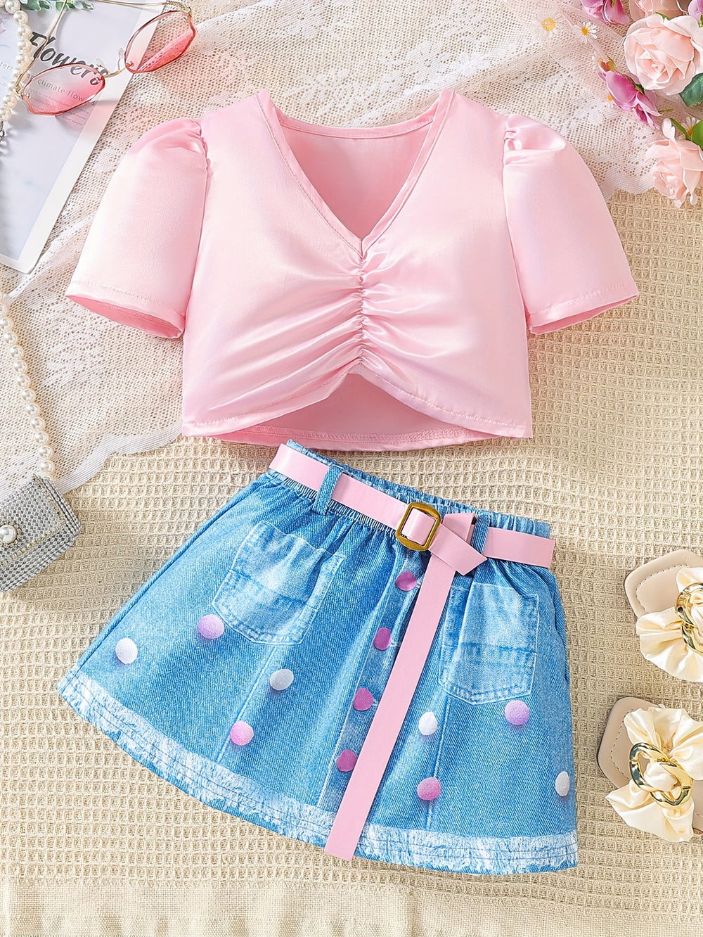 foreign trade exclusive children's pure color v-shaped pleated tops + imitation denim skirt children's suit