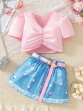 foreign trade exclusive children's pure color v-shaped pleated tops + imitation denim skirt children's suit