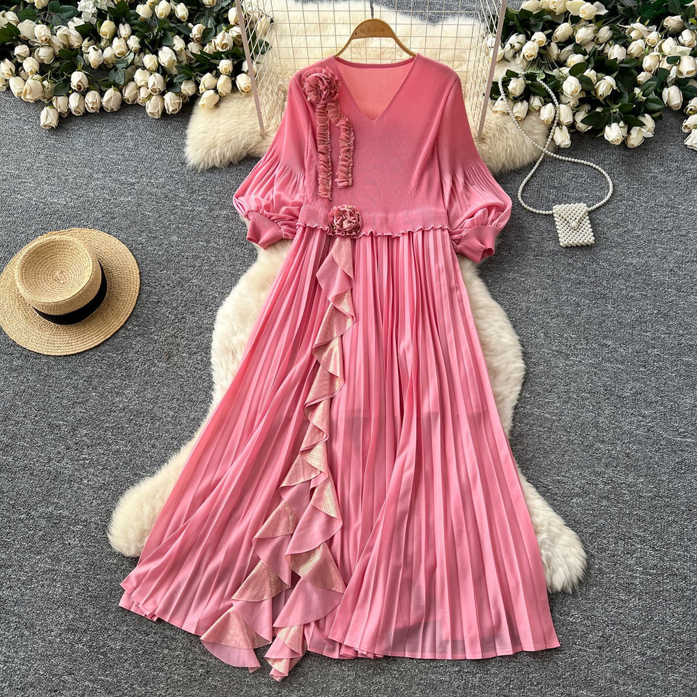 European and american style high-end women's autumn dress with ruffle trim, loose fit, and elegant flared skirt