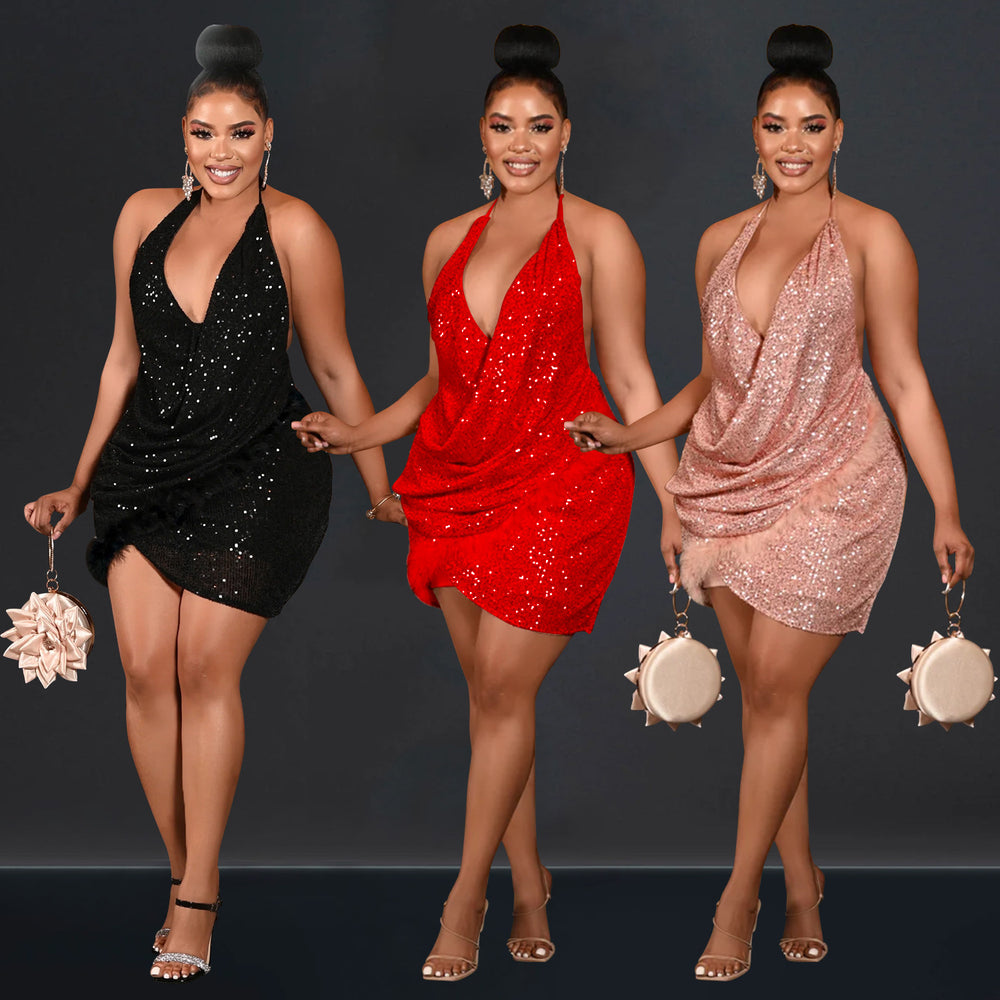 C6905 cross-border   fashion women's sexy sequin cami dress - one-piece mini dress