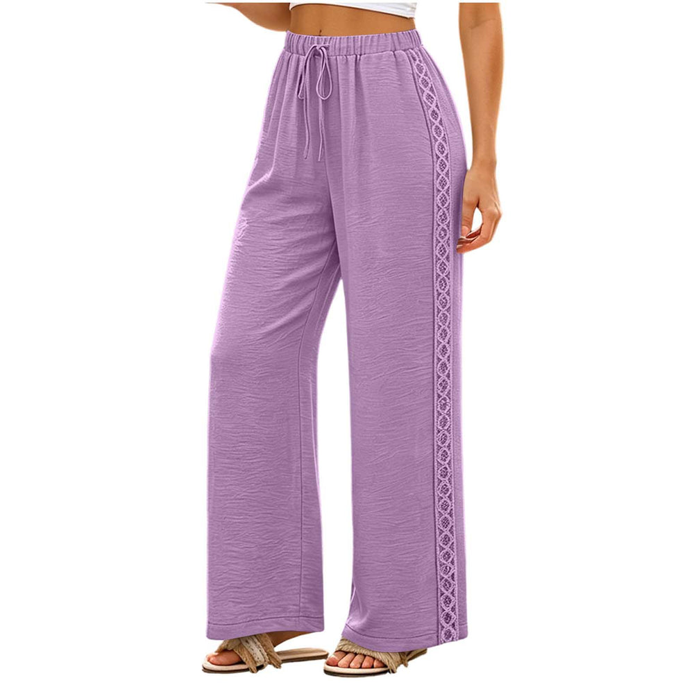 new european and american style women's fashion solid color lace trim elastic waistband pocket casual trousers