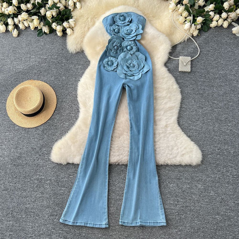 Spring and summer fashionins heavy industry stereo flower sleeveless tube top waist silm denim jumpsuit flared pants for women