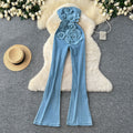 Spring and summer fashionins heavy industry stereo flower sleeveless tube top waist silm denim jumpsuit flared pants for women