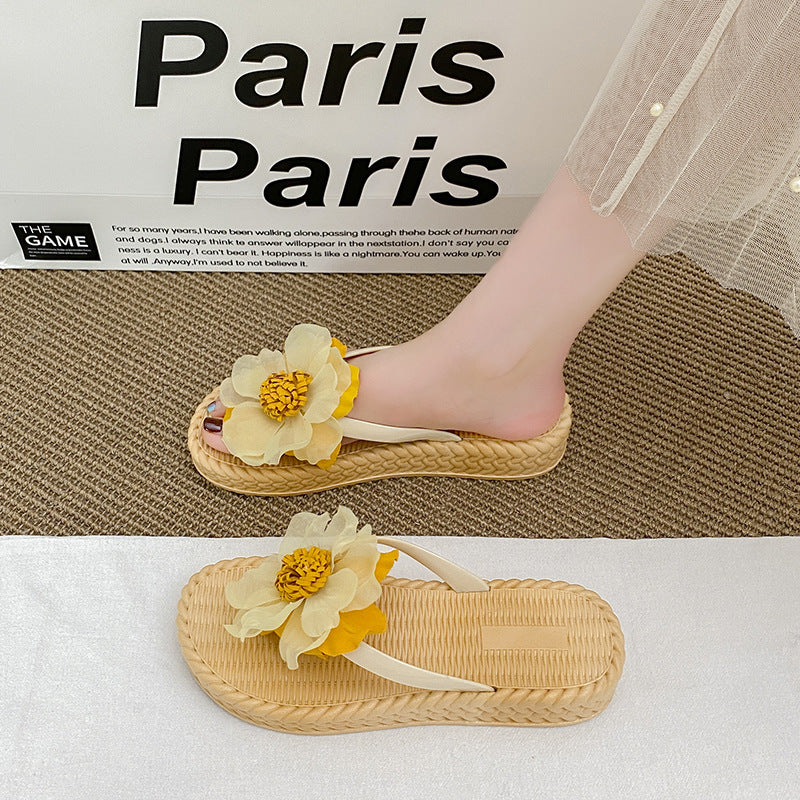 Sweet style chunky platform 4cm sunflower slides - women's summer beach sandals, anti-slip fashion slippers, soft sole shoes for students