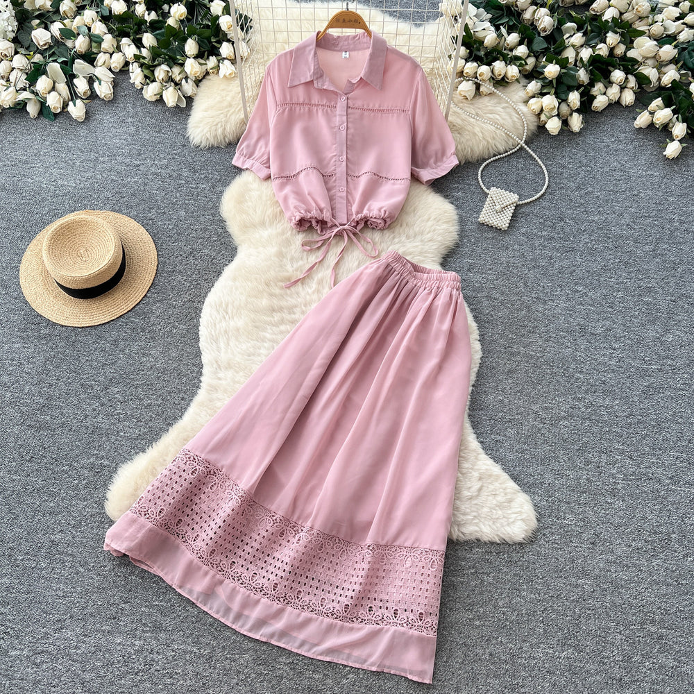 Dopamine red lace cutout blouse and skirt two-piece set - women's summer commute style slim fit outfit - new  collection