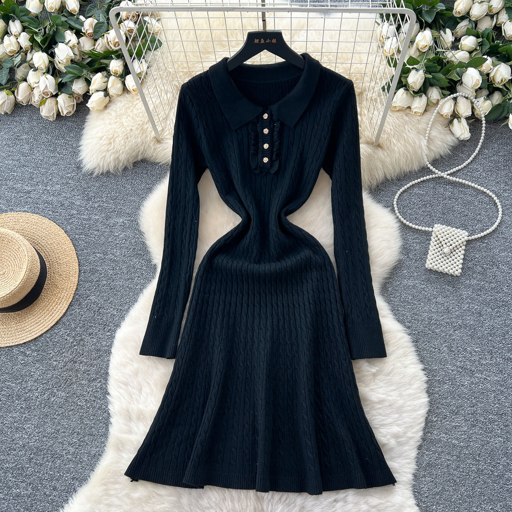 Celebrity niche styleclassy sense lapel fungus edgepatchworklong sleevesknittingdress women's autumn waist slimming looksweater skirt