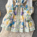 French retro print hollow-out dress - women's spring/summer long sleeve turn-down collar slimming a-line dress - vacation style