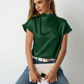 Real shot of cross-border hot-selling new arrival round neck short-sleeved satin t-shirt satin spring and summer women's left shoulder pleated tops wholesale