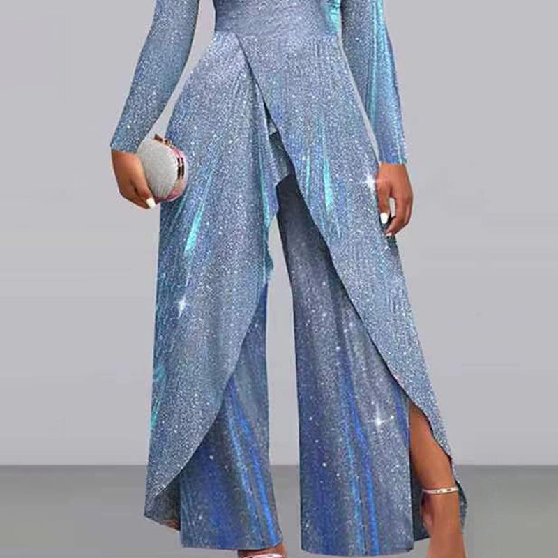 new arrival: cross-border fashionable & sexy sequin maxi dress jumpsuit - european & american style, asymmetrical front, mid-waist, chic & professional