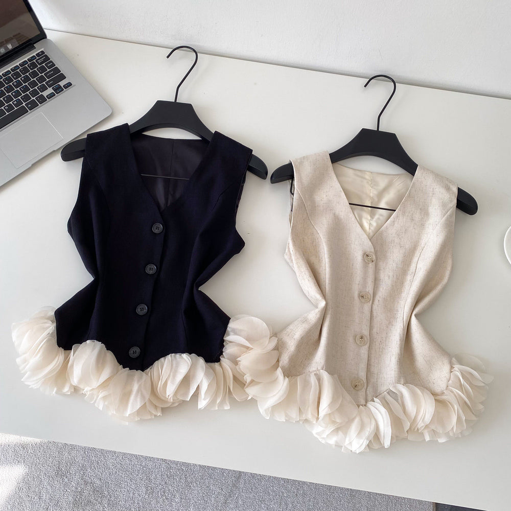 Frenchclassy sense of petal patchworkv neck sleeveless vest women's summerwork clothingsense of design single breasted age-reducing tops