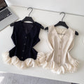 Frenchclassy sense of petal patchworkv neck sleeveless vest women's summerwork clothingsense of design single breasted age-reducing tops