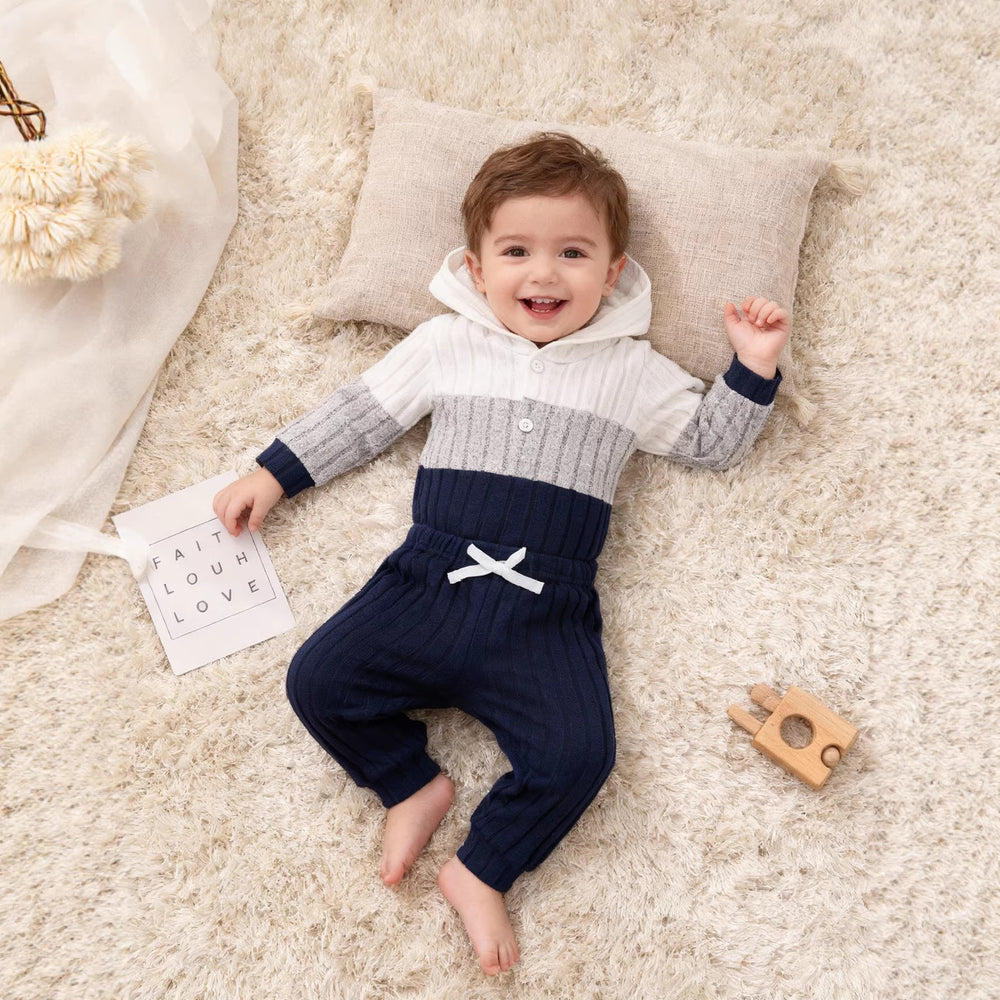 Baby boy & girl casual ribbed knit hooded long sleeve romper and pants set
