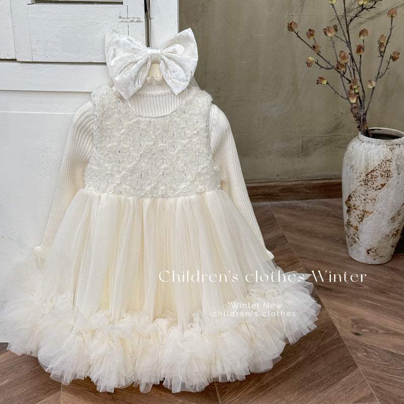 Girls' fleece-lined vest dress, chanel-inspired feather dress, birthday cake dress with veil