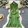 Elegant knitted dress: new autumn/winter  collection - high-end long sleeve, cinched waist maxi dress with v-neck and ruffle hem