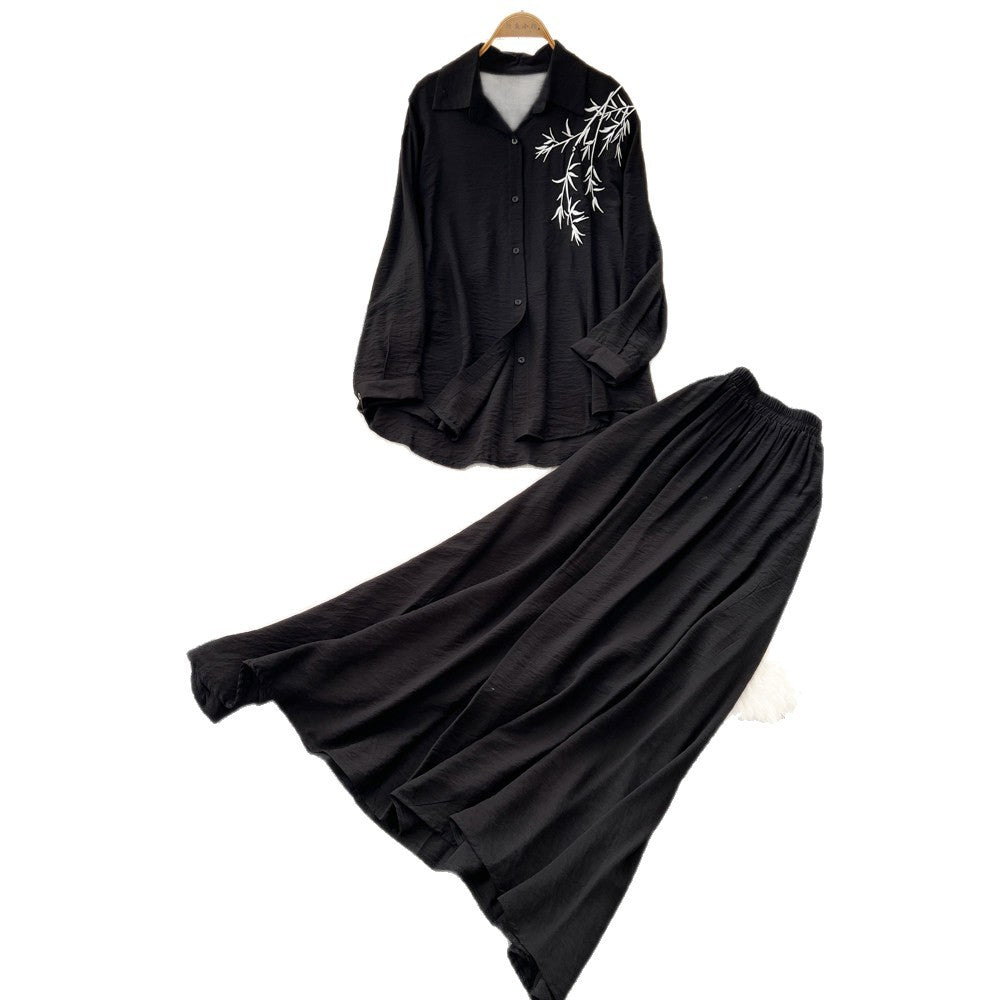 Gentle and lazy style stereo flower embroiderlong sleevesshirt suspender skirttwo-piece setfemaleautumslimming lookelegant