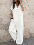 Independent station fashion cross-border  summercasualelegantwork clothingpure colorshirt button loose short-sleeved jumpsuit