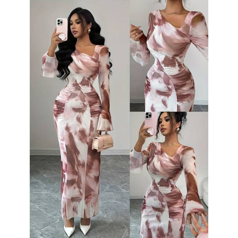Women's new autumn retro elegant tie-dye print mesh design pleated slim-fit bodycon long sleeve dress
