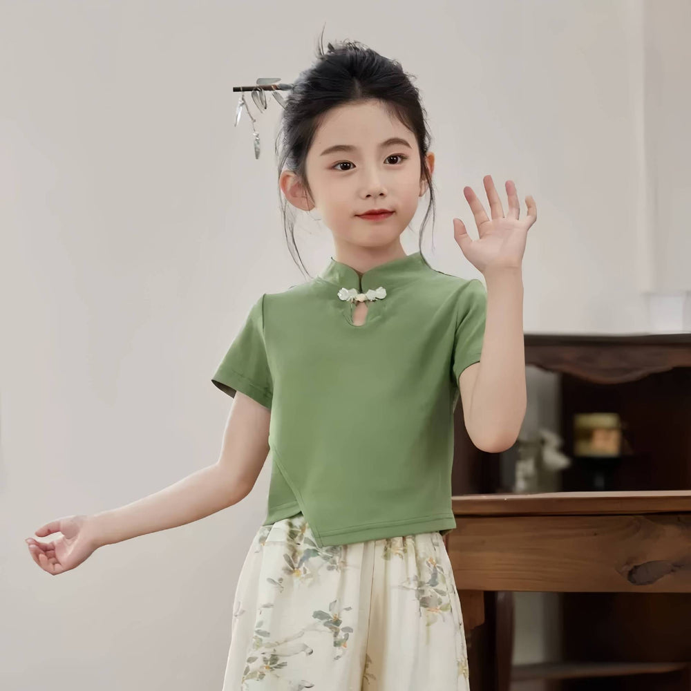Chinese style girl new chinoiseriesummer chinese style plate button short sleeve medium large child girl national trend short sleeve comfortable breathable