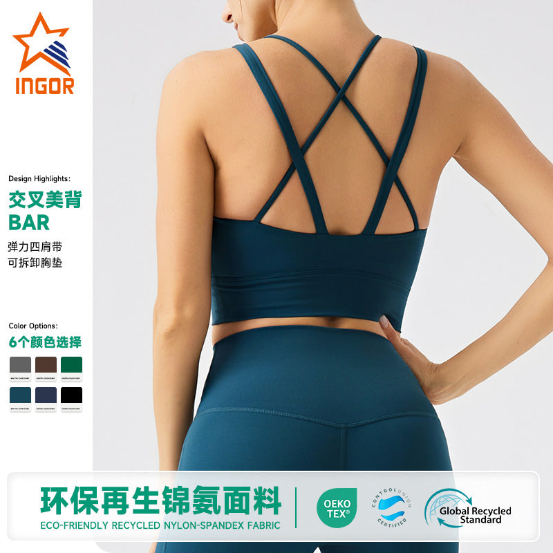 eco-friendly sports bra with thin straps, designed for yoga, running, and fitness. features built-in padding and is suitable for women