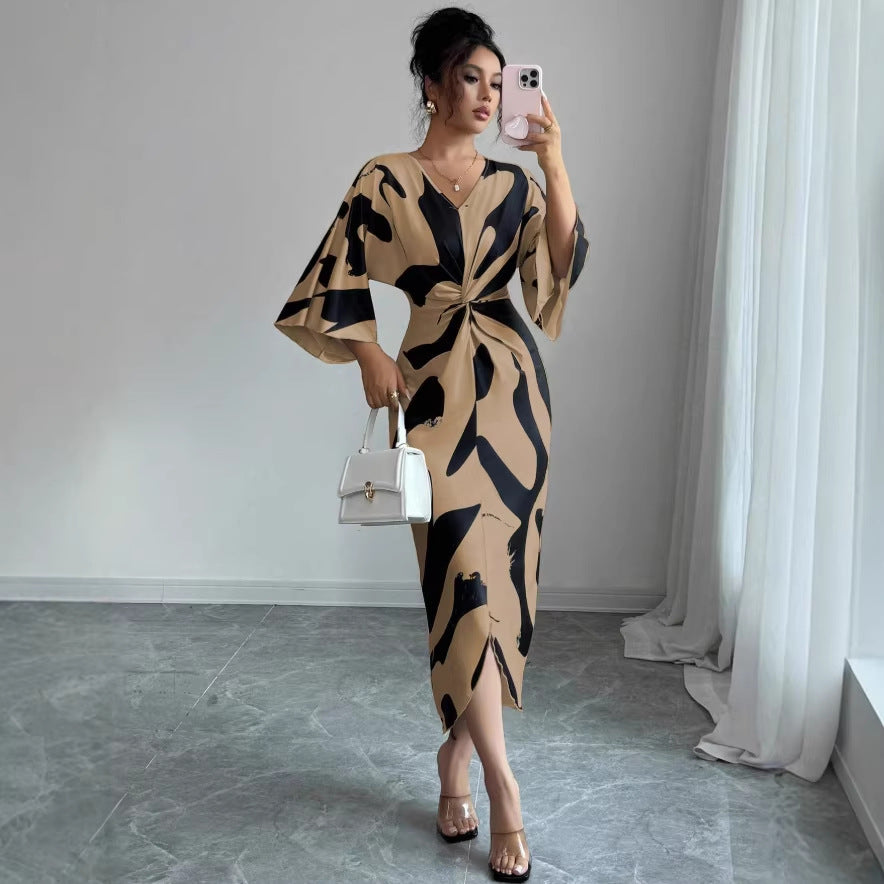 independent station spring and summer new arrivals: cross-border european and american women's clothing - all-over print fashion tie-up dress