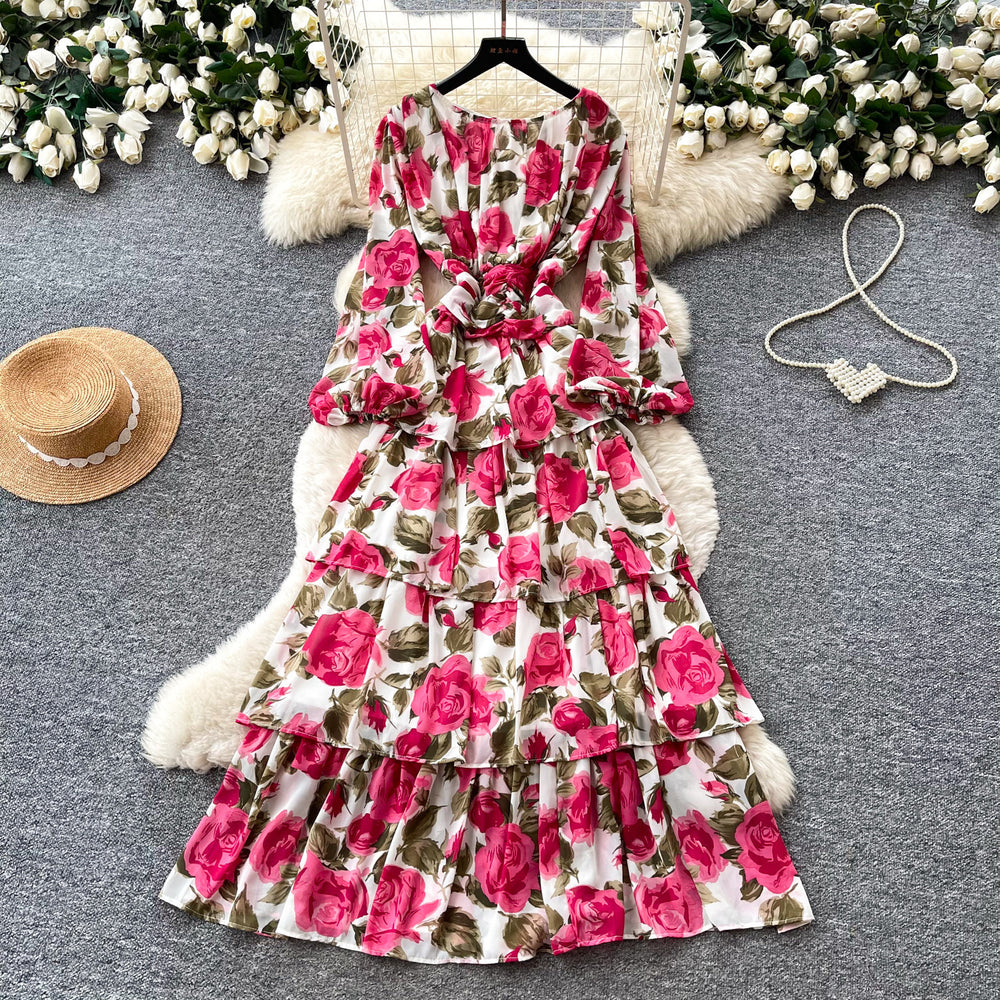 Frenchromantic style lantern sleeve floral dress female autumk-style waist slimming lookruffleselegant cake skirt