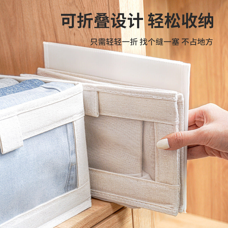 Windowed cotton and linen storage box, wardrobe pants clothing storage and finishing box, foldable fabric storage box wholesale
