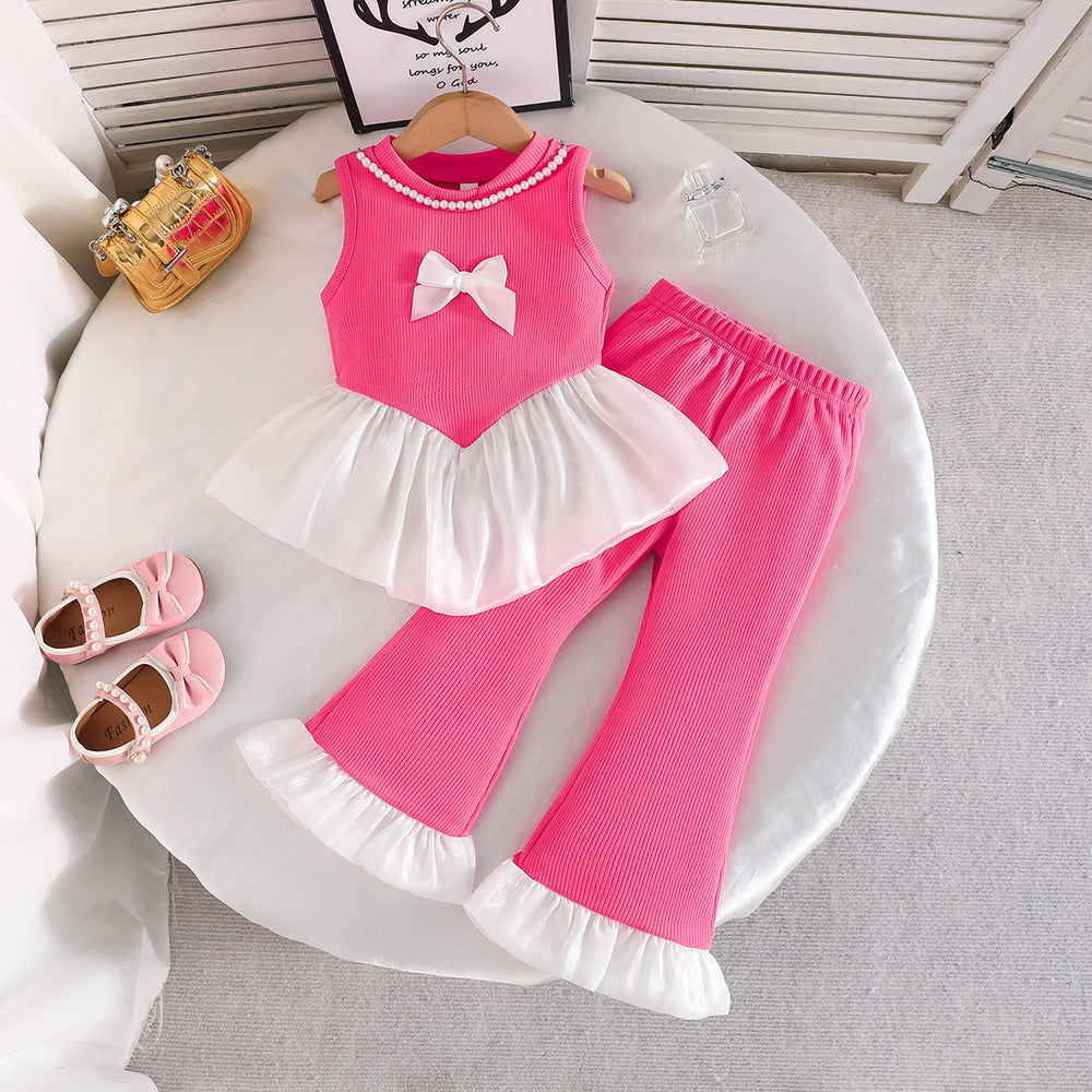 girls' chanel-inspired outfit: sleeveless bow-topped top + ruffle flare pants two-piece set (summer)