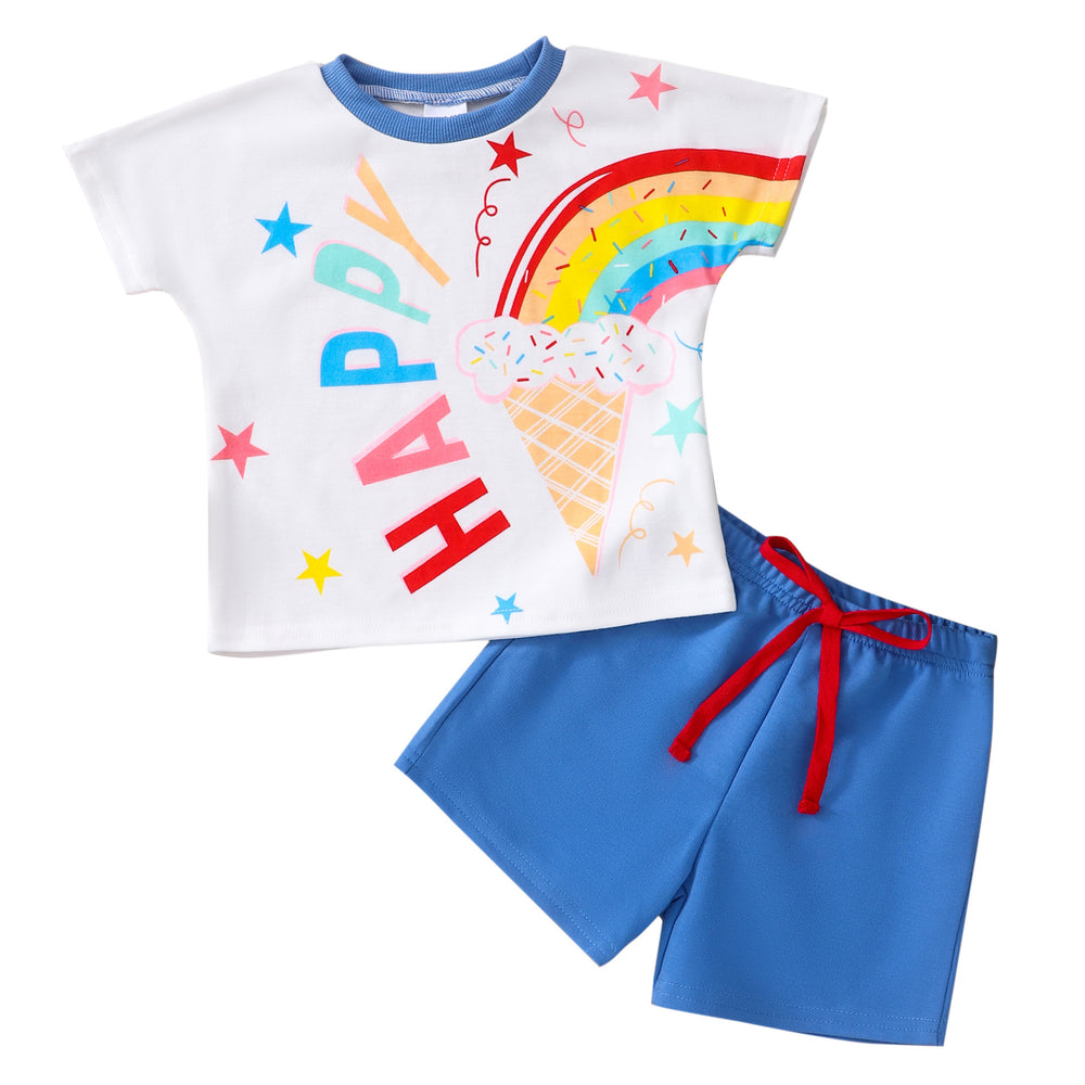 Children's short-sleeved ice cream rainbow shortssuit