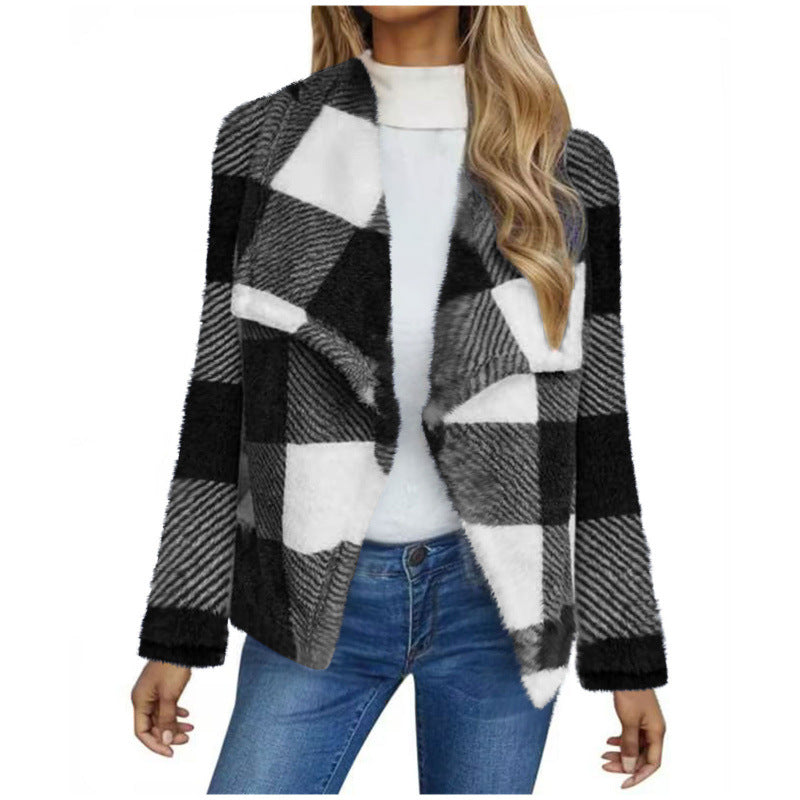 Cross-border women's clothing 2024 new  autumn and winter plaid lamb wool jacket plush cardigan jacket