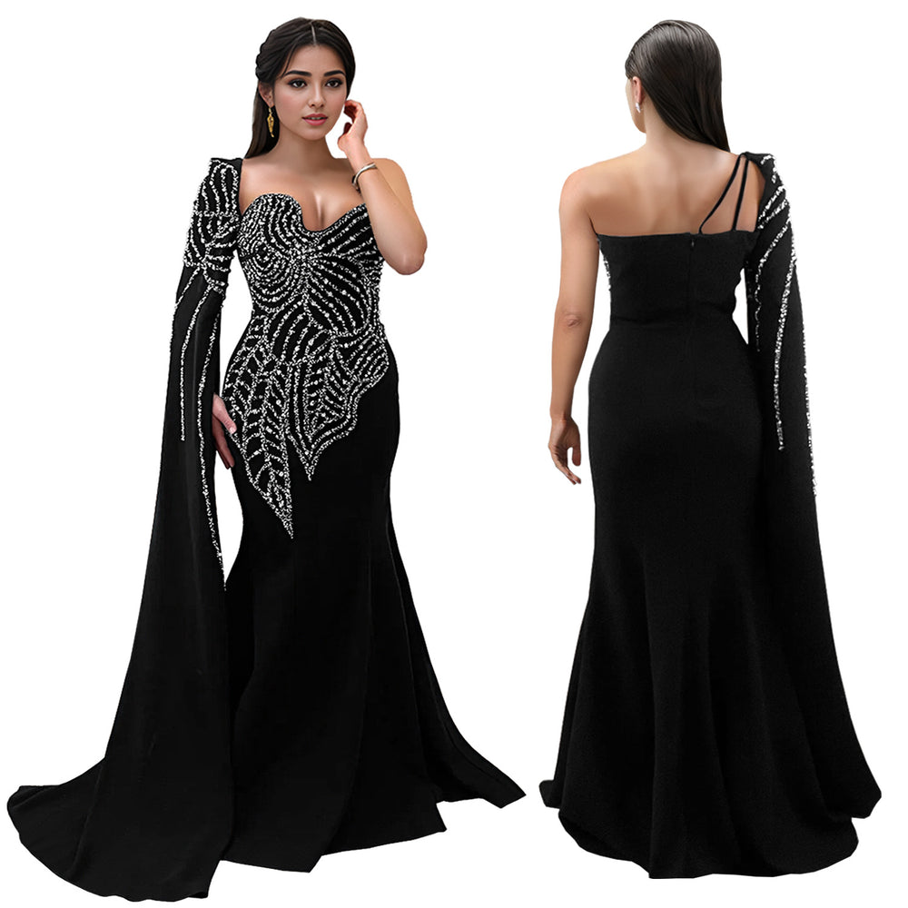 C7288 cross-border foreign trade women's independent station  hot diamond long dress black fishtail shawl long sleeves women