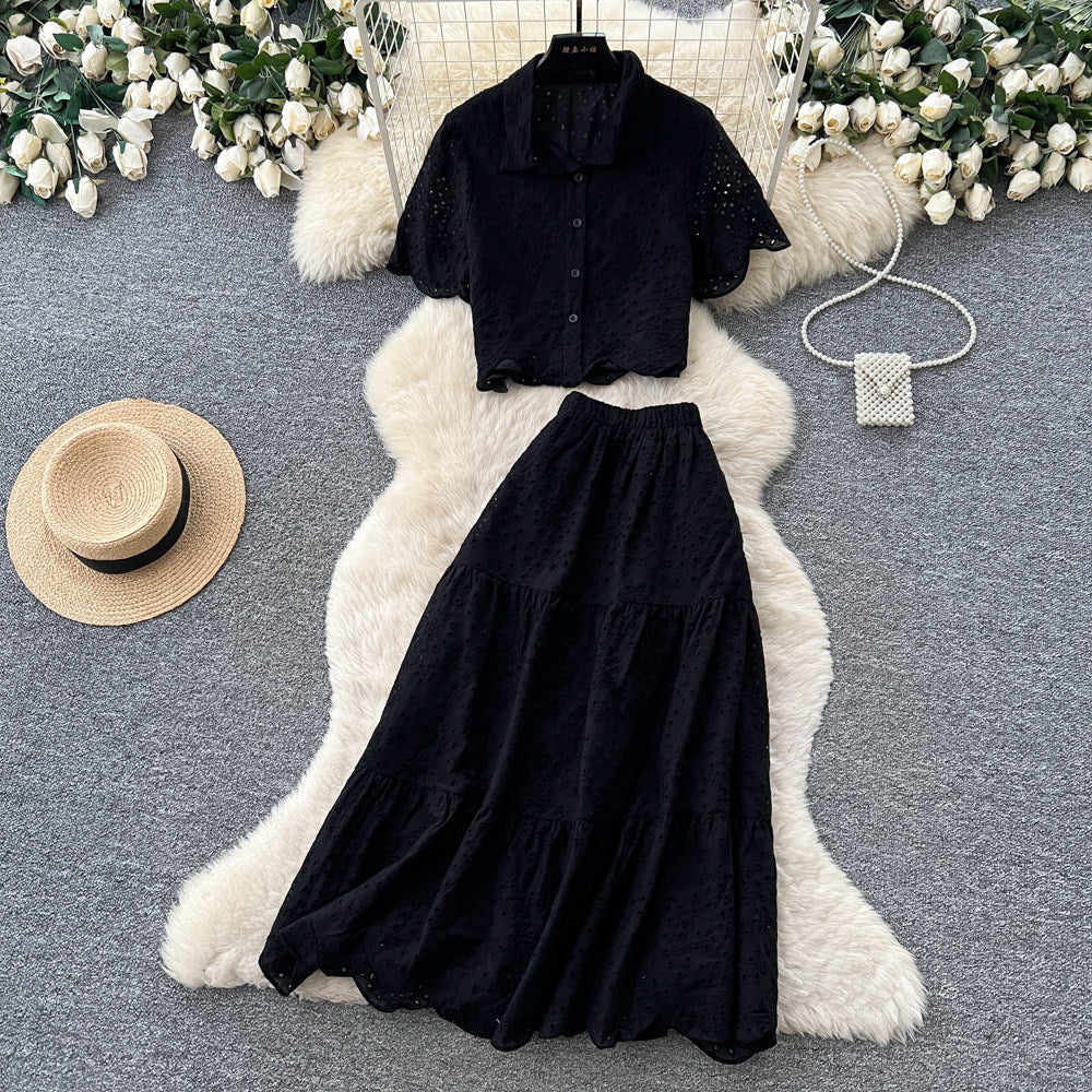 Vacation style pink cut outlacetwo-piece set women's summer short-sleeved intellectual high waistslimming lookwork clothingelegantsuit