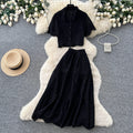 Vacation style pink cut outlacetwo-piece set women's summer short-sleeved intellectual high waistslimming lookwork clothingelegantsuit