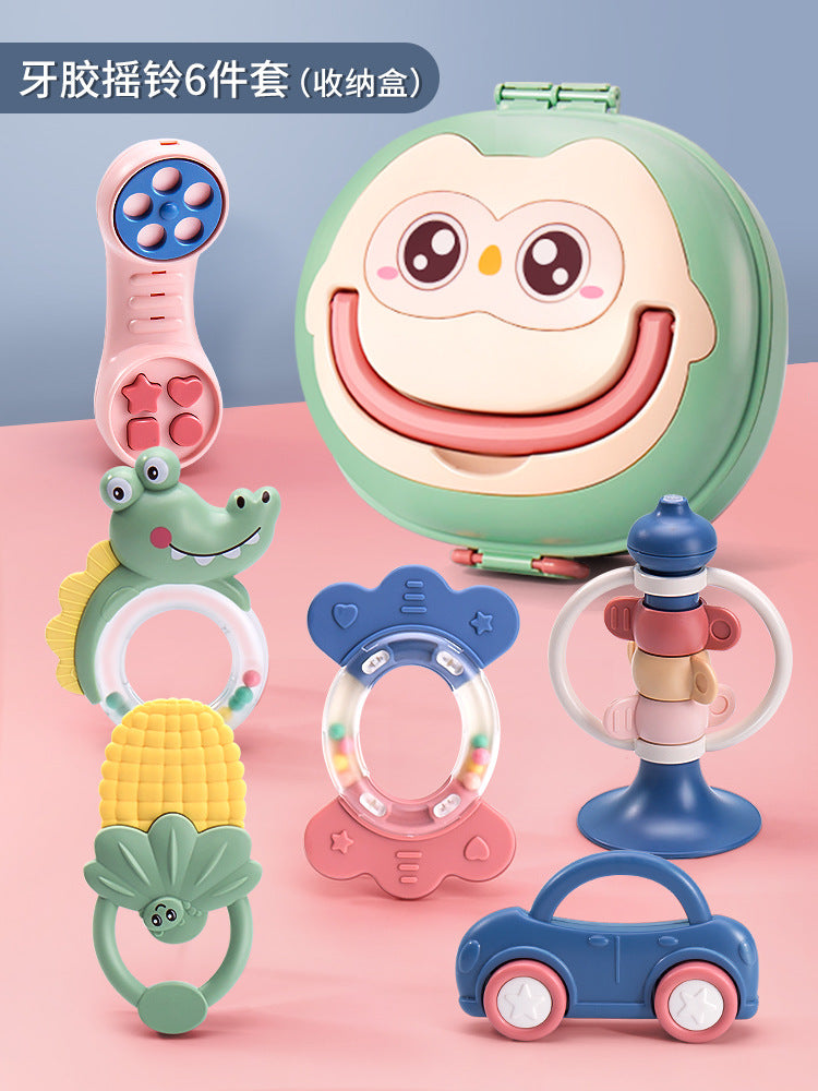 Infant rattle toy, boilable educational teether, chewable newborn baby hand rattle with storage box for infants and children