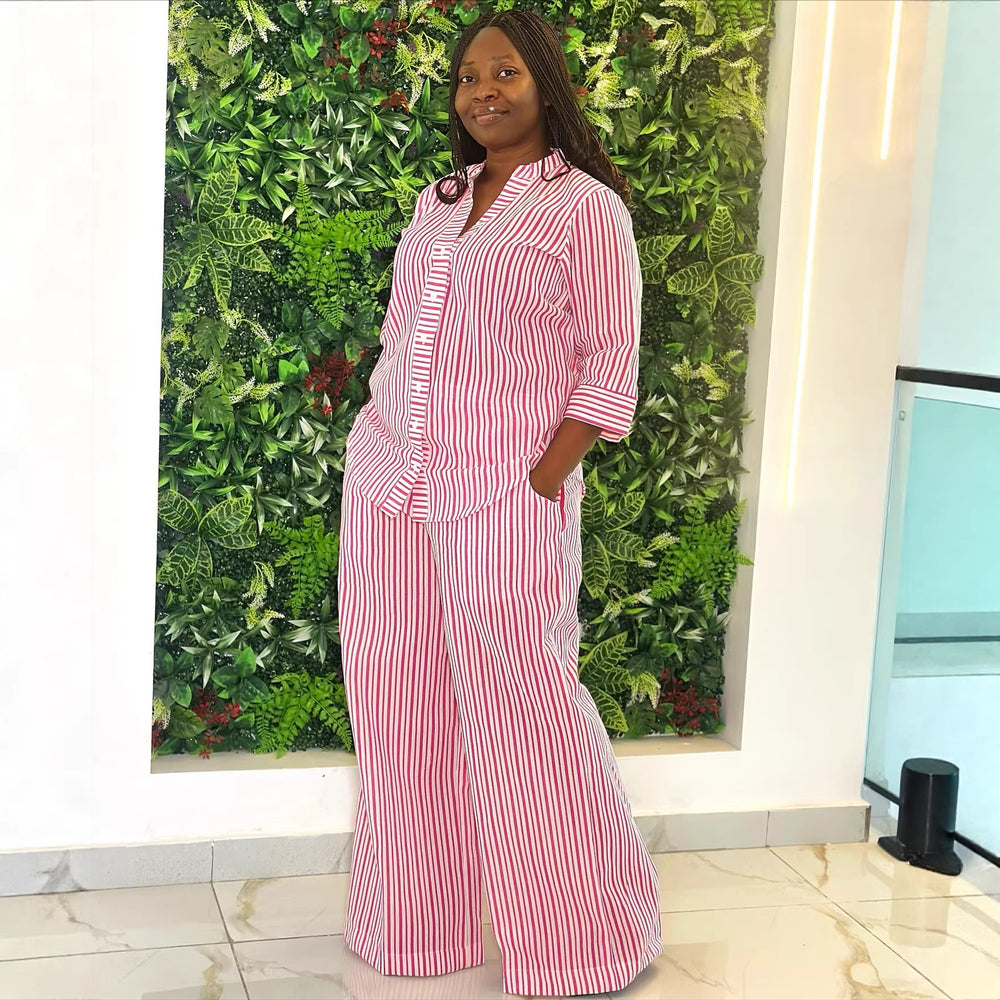 European and american cross-border women's fashion:  summer new collection - stylish and elegant striped v-neck loose-fit shirt and wide-leg pants set