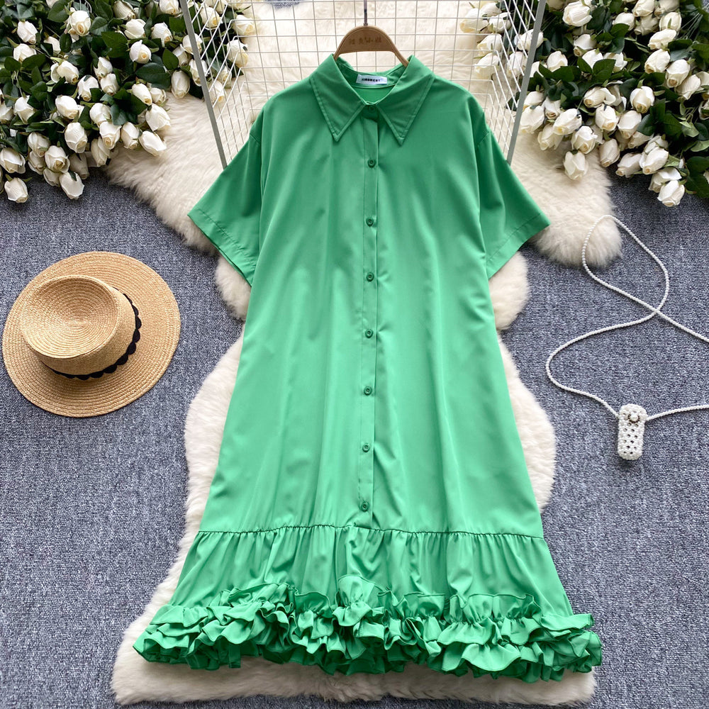 European and american style women's summer dress - unique design, loose fit, slimming, short sleeve, single-breasted, ruffle hem shirt dress