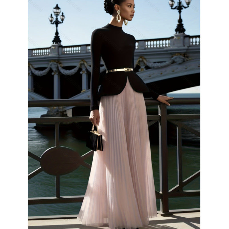 Women's spring/autumn new french elegant pleated mesh maxi skirt - perfect for dates, work, or outings