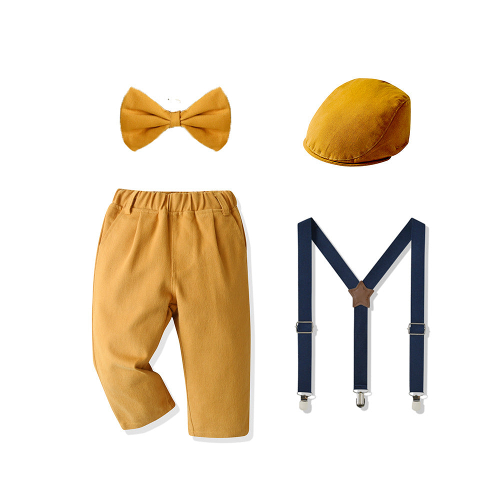 New arrival: boys' casual pants for foreign trade - autumn collection, cotton gentleman style, first birthday outfit, children's overalls with beret