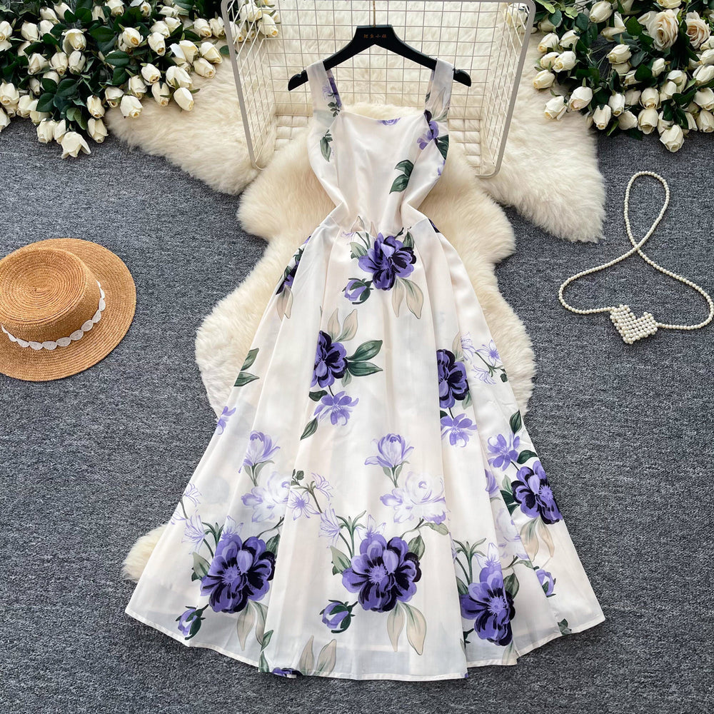 French riviera style printed cami dress - women's summer soft & chic white a-line dress - slim fit, figure-flattering, elegant maxi dress
