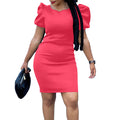 C8525  women's clothing  new bubble sleeve round neck solid color bodycon plus size slimming foreign trade dress