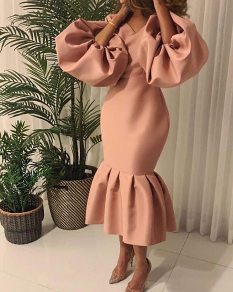 D115 cross-border sourcing: african plus-size women's fashion - solid color v-neck bubble sleeve fishtail dress, european and american style evening gown