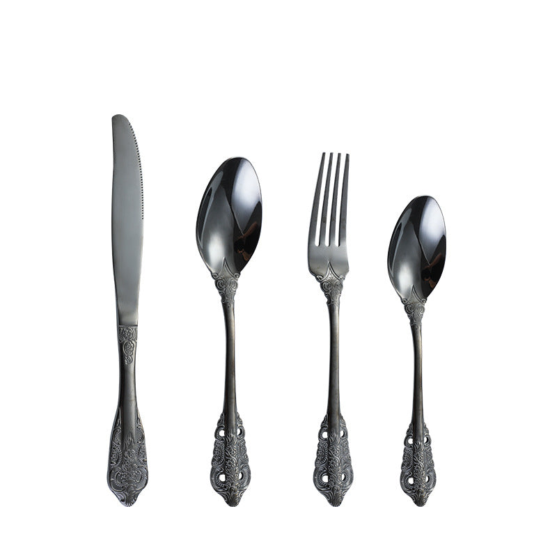 Island Qi stainless steel knife and fork spoon court retro relief steak knife and fork creative western tableware gift box four-piece set