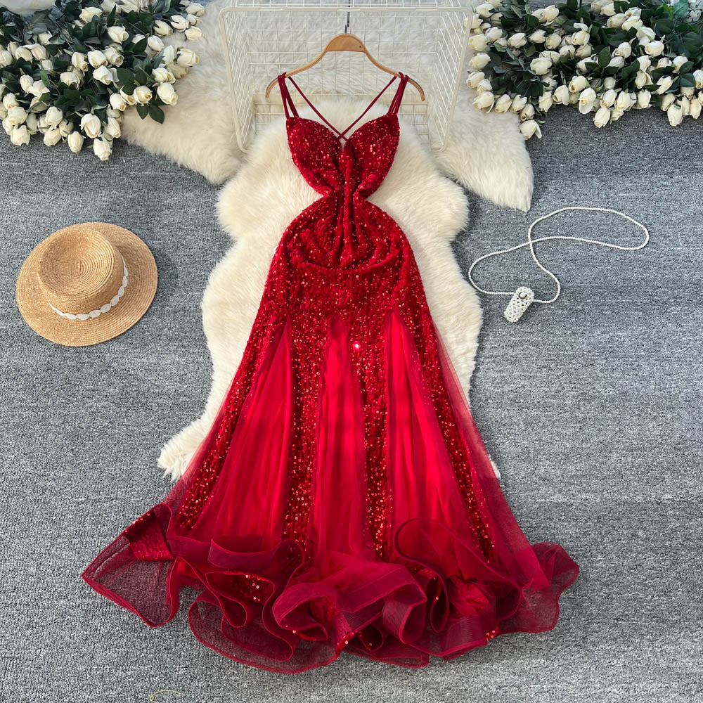 High-end women's dress: luxurious, slim-fit, elegant, mesh & sequin velvet splice cami dress - trendy & chic