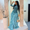 European and american style ins cross-border printing patchwork women's clothing slightly see-through fresh a-line skirt high collar elastic silm long sleevesdress