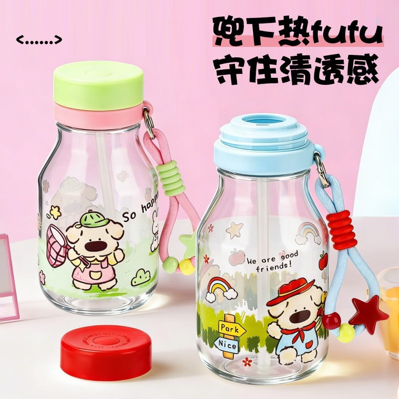 New arrivalsummer plastic straw water cup cartoon good-looking cute plastic cup outdoor portable portable rope cup