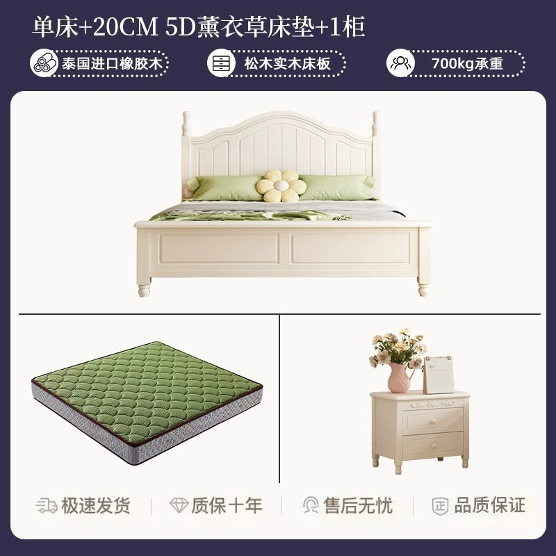 Scandinavianwhite solid wood bed modern casual cream style grids 1.8m double bed 1.5 master bedroom storage princess bed