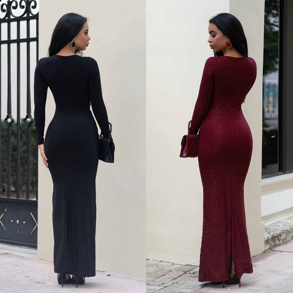 C7650 cross-border   fashion women's elegant back-slit bodycon evening gown dress